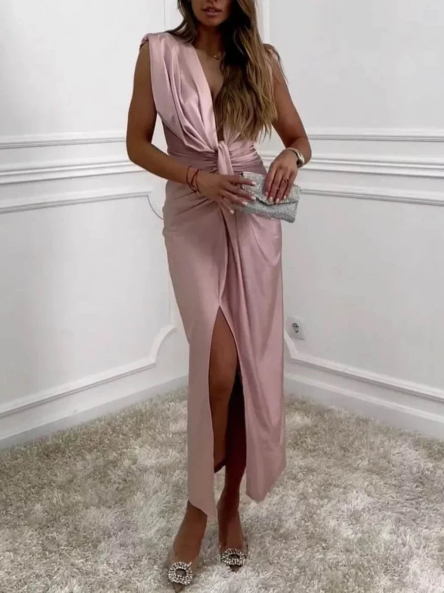 Janella™ Classic Midi Dress with Draped Ruched Slit