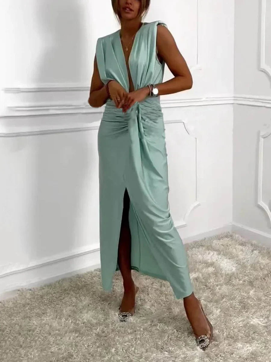 Janella™ Classic Midi Dress with Draped Ruched Slit
