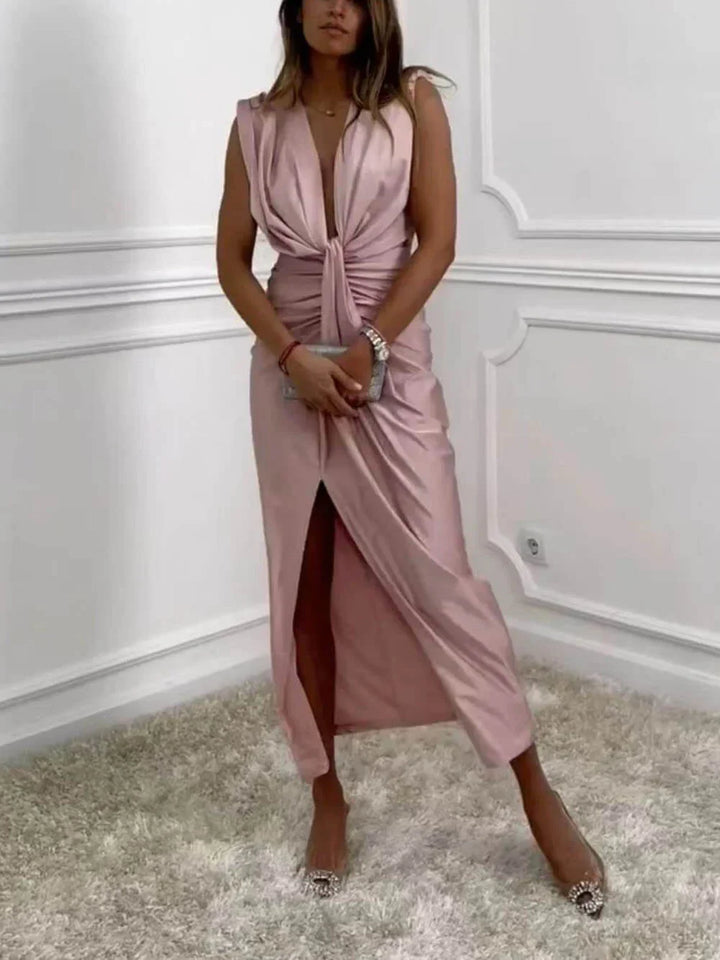 Janella™ Classic Midi Dress with Draped Ruched Slit