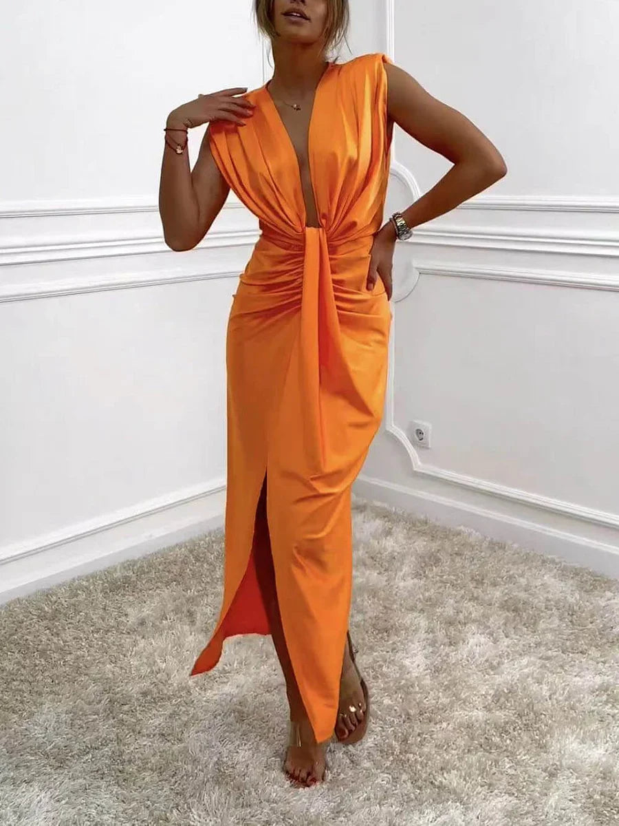 Janella™ Classic Midi Dress with Draped Ruched Slit