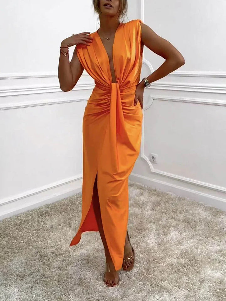 Janella™ Classic Midi Dress with Draped Ruched Slit